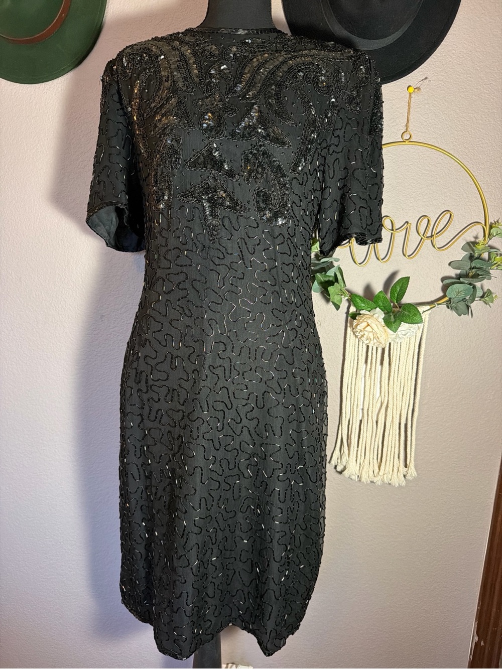 Vintage 80’s  Elegant Black Beaded Short-Sleeve Midi Dress
